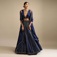 Navy Blue Lehenga In Satin Blend Embellished With Kundan Work In Striped Design