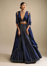 Navy Blue Lehenga In Satin Blend Embellished With Kundan Work In Striped Design