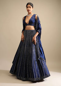 Navy Blue Lehenga In Satin Blend Embellished With Kundan Work In Striped Design