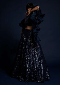 Navy Blue Lehenga Embellished In Sequins With Cut Dana Embellished Crop Top And Ruffle Dupatta