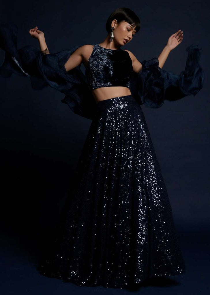 Navy Blue Lehenga Embellished In Sequins With Cut Dana Embellished Crop Top And Ruffle Dupatta