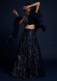 Navy Blue Lehenga Embellished In Sequins With Cut Dana Embellished Crop Top And Ruffle Dupatta