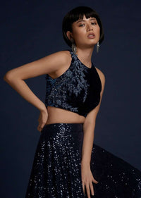 Navy Blue Lehenga Embellished In Sequins With Cut Dana Embellished Crop Top And Ruffle Dupatta