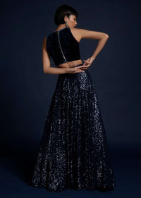 Navy Blue Lehenga Embellished In Sequins With Cut Dana Embellished Crop Top And Ruffle Dupatta