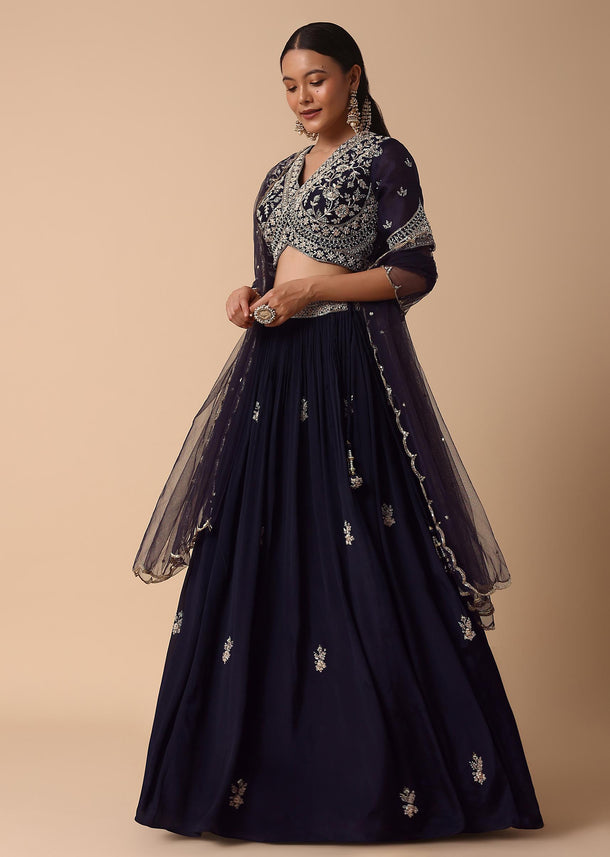 Navy Blue Lehenga With Embroidered Choli And Dupatta