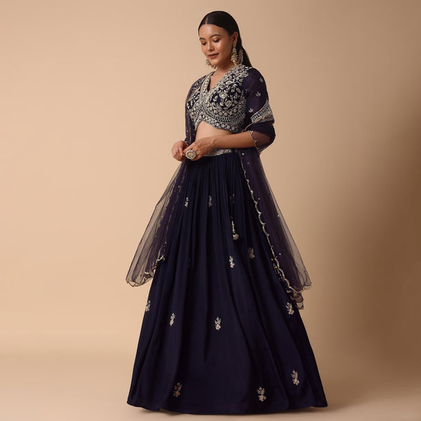 Navy Blue Lehenga With Embroidered Choli And Dupatta