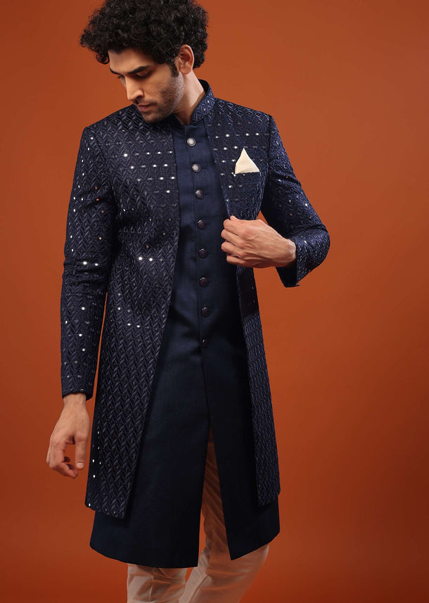 Navy Blue Mirror And Thread Embroidered Sherwani Set In Silk