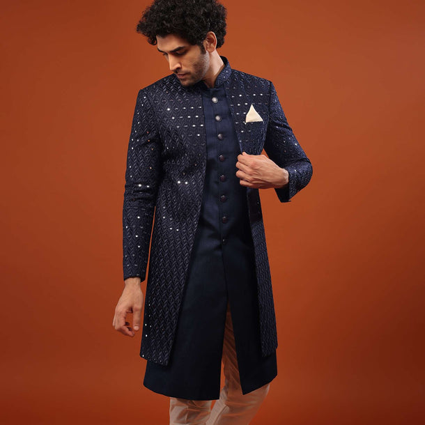 Navy Blue Mirror And Thread Embroidered Sherwani Set In Silk
