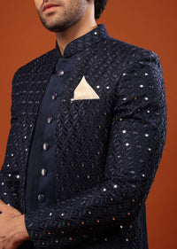 Navy Blue Mirror And Thread Embroidered Sherwani Set In Silk