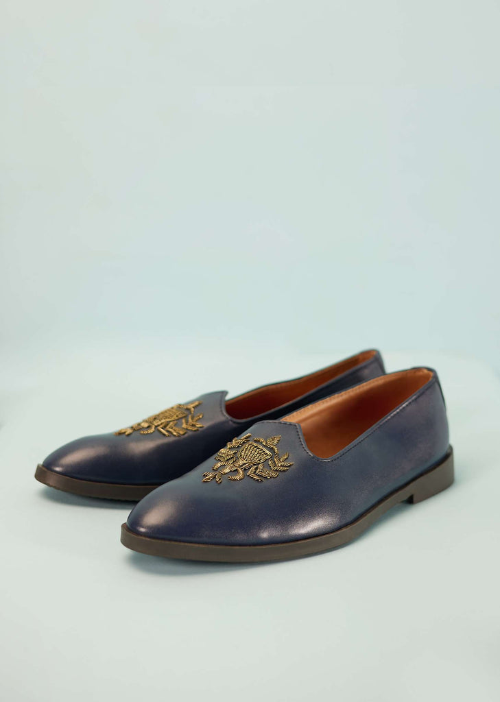 Midnight Blue Juttis For Men In Suede With Embroidery