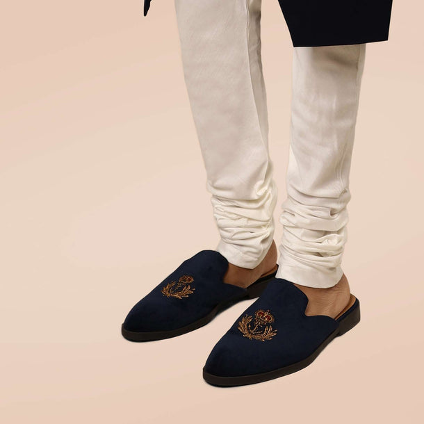 Navy Blue Mules In Suede With Zari Embroidered Motif
