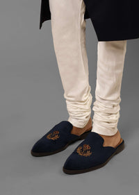 Navy Blue Mules In Suede With Zari Embroidered Motif
