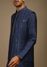 Navy Blue Nehru Jacket And Kurta Set In Tussar Silk With Resham And Mirror Abla Embroidered Geometric Design