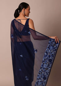 Navy Blue Organza Saree With Flower Bud Embroidery