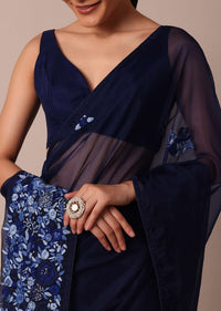 Navy Blue Organza Saree With Flower Bud Embroidery