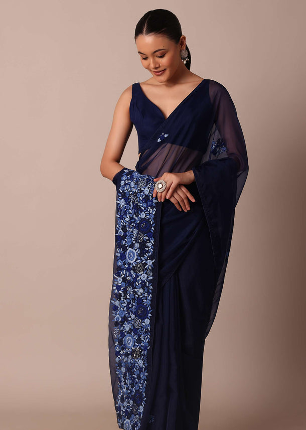 Navy Blue Organza Saree With Flower Bud Embroidery