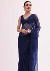 Navy Blue Organza Saree With Unstitched Blouse