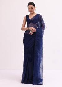 Navy Blue Organza Saree With Unstitched Blouse