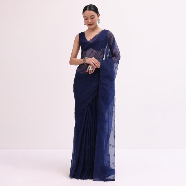 Navy Blue Organza Saree With Unstitched Blouse