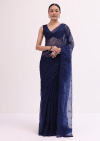 Navy Blue Organza Saree With Unstitched Blouse