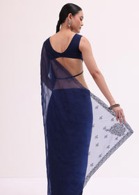Navy Blue Organza Saree With Unstitched Blouse