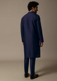 Navy Blue Pintuck Silk Kurta Set For Men