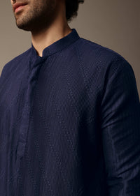 Navy Blue Pintuck Silk Kurta Set For Men