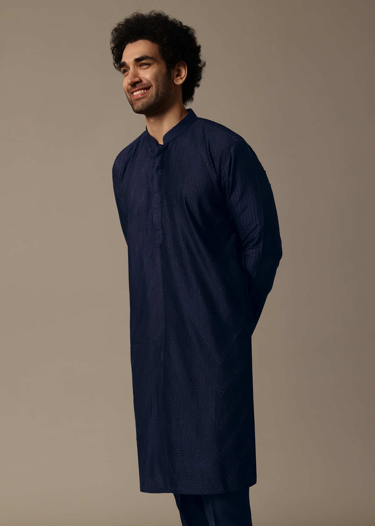 Navy Blue Pintuck Silk Kurta Set For Men