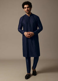 Navy Blue Pintuck Silk Kurta Set For Men