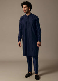 Navy Blue Pintuck Silk Kurta Set For Men