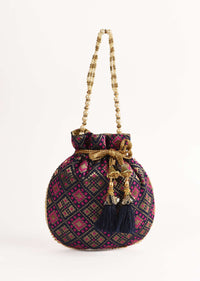 Navy Blue Potli Bag In Brocade Silk With Geometric Jaal Design Online - Kalki Fashion