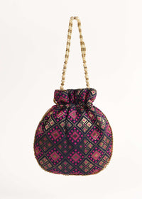 Navy Blue Potli Bag In Brocade Silk With Geometric Jaal Design Online - Kalki Fashion