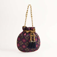 Navy Blue Potli Bag In Brocade Silk With Geometric Jaal Design Online - Kalki Fashion