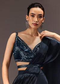 Navy Blue Pre Draped Saree With Sequin Blouse And Belt