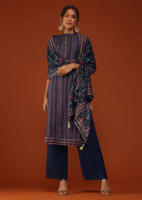 Navy Blue Printed Kurti Palazzo Set In Silk