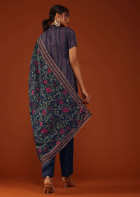 Navy Blue Printed Kurti Palazzo Set In Silk