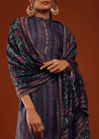 Navy Blue Printed Kurti Palazzo Set In Silk