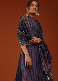 Navy Blue Printed Kurti Palazzo Set In Silk