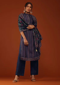 Navy Blue Printed Kurti Palazzo Set In Silk
