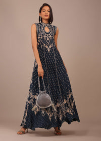 Navy Blue Printed Anarkali Kurti With Stonework In Crepe