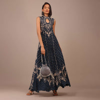 Navy Blue Printed Anarkali Kurti With Stonework In Crepe