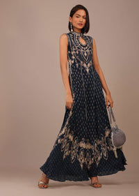 Navy Blue Printed Anarkali Kurti With Stonework In Crepe