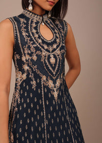 Navy Blue Printed Anarkali Kurti With Stonework In Crepe