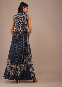 Navy Blue Printed Anarkali Kurti With Stonework In Crepe