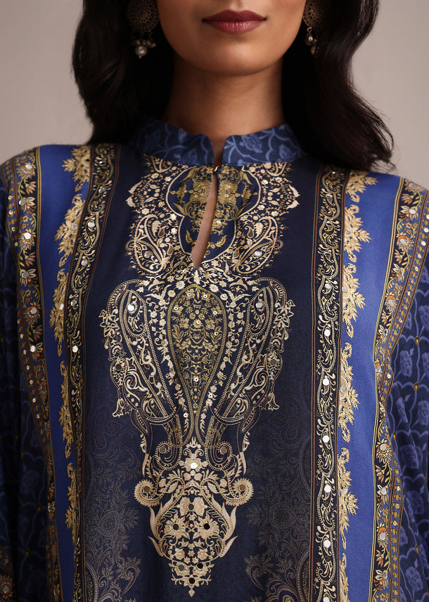 Navy Blue Printed Kurta Palazzo Set