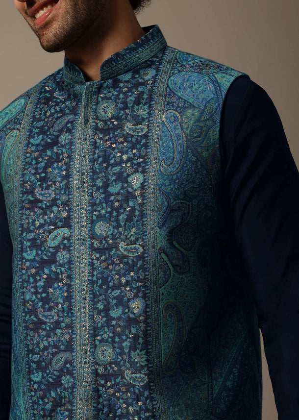 Navy Blue Printed Pashmina Silk Kurta Jacket Set For Men