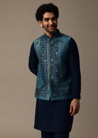 Navy Blue Printed Pashmina Silk Kurta Jacket Set For Men