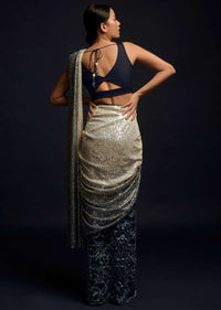 Navy Blue Ready Pleated Saree In Milano And Beads Embellished Net With Shaded Sequins Pallu Online - Kalki Fashion