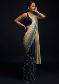 Navy Blue Ready Pleated Saree In Milano And Beads Embellished Net With Shaded Sequins Pallu Online - Kalki Fashion