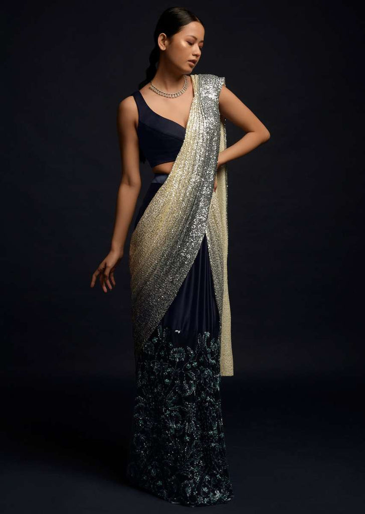 Navy Blue Ready Pleated Saree In Milano And Beads Embellished Net With Shaded Sequins Pallu Online - Kalki Fashion